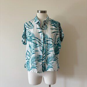 C&C California linen blouse white green floral leaf button down NWT